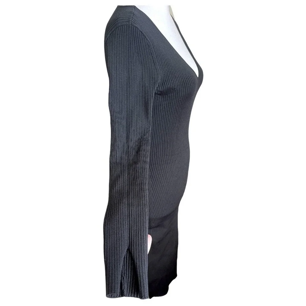 Jonathan Simkhai V-Neck Ribbed Stretchy Black Midi Dress Long Sleeve Cocktail - Picture 13 of 16